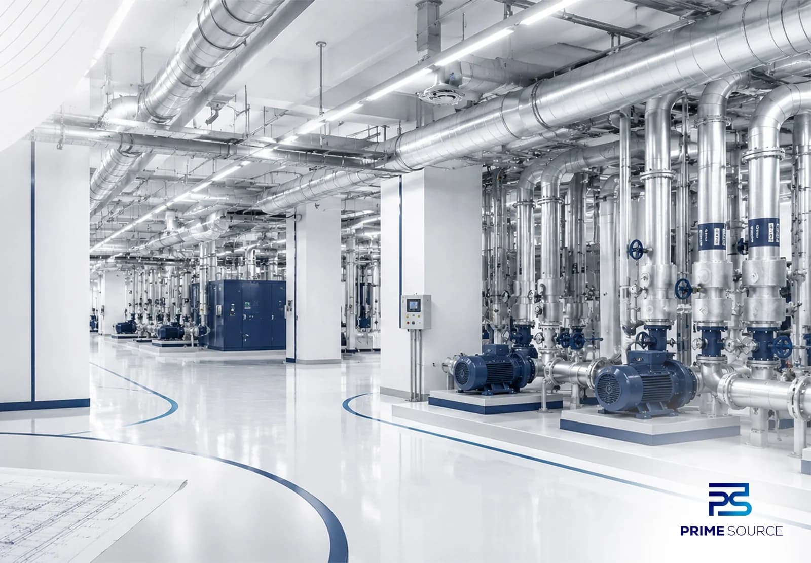 Plant room with pump sets and chilled water distribution