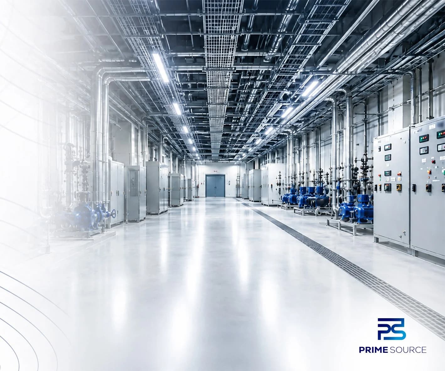Plant room corridor with electrical panels and pipework